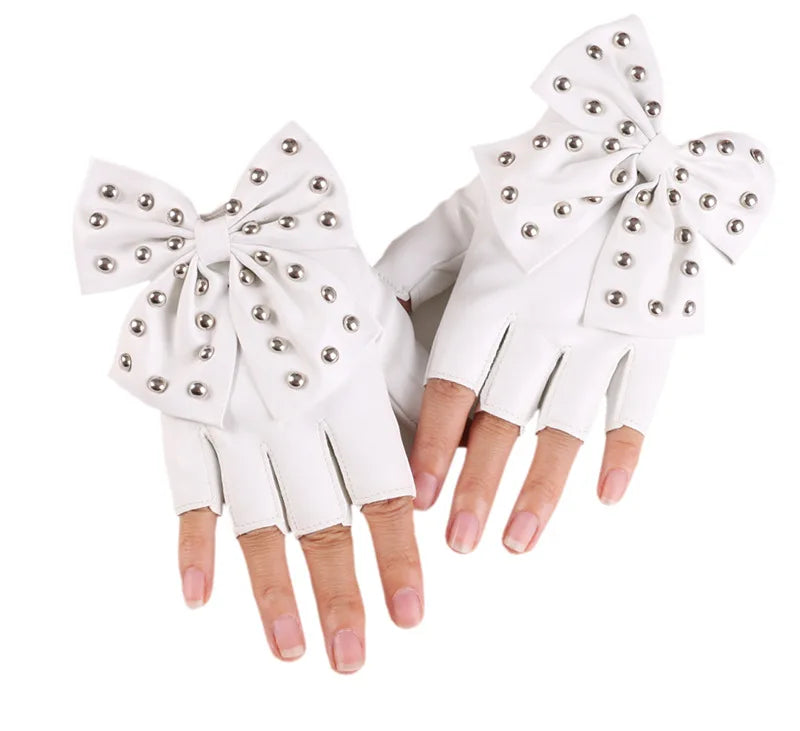 Bowknot Rivet Stage Performance Leather Half Finger Gloves