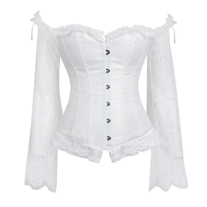 Gothic Vintage Silk Corset with Lace Long Sleeve off Shoulder