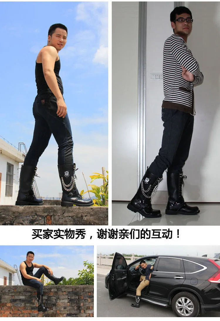 Men Fashion Motorcycle Boots Mid-calf Chain Combat Belt Hightop Casual Steel Toe