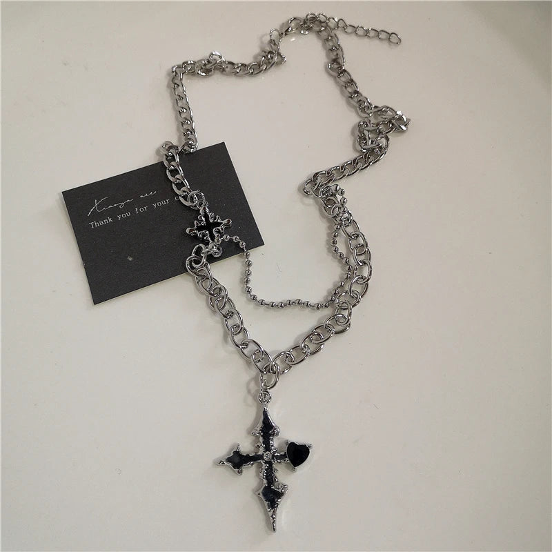 Punk Rock Black Heart Cross Pendant Chain Necklace Goth Accessories