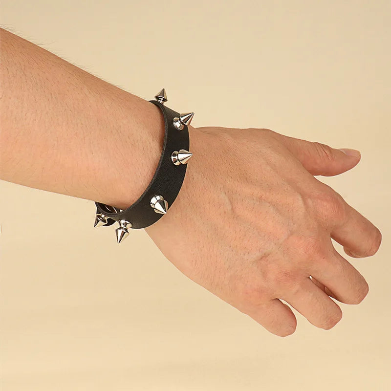 Punk Bracelet Goth Black Leather Wristband with Metal Spike Studded Cuff Bangle Adjustable