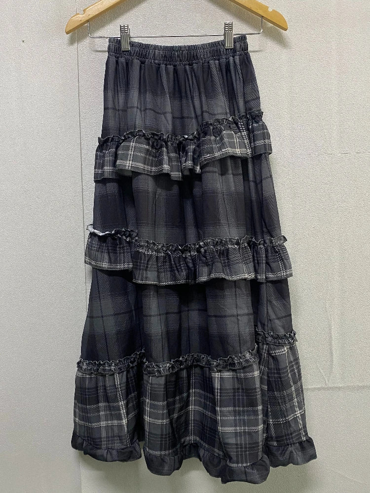 Vintage Long Plaid Ruffles Patchwork Casual Loose Skirt
