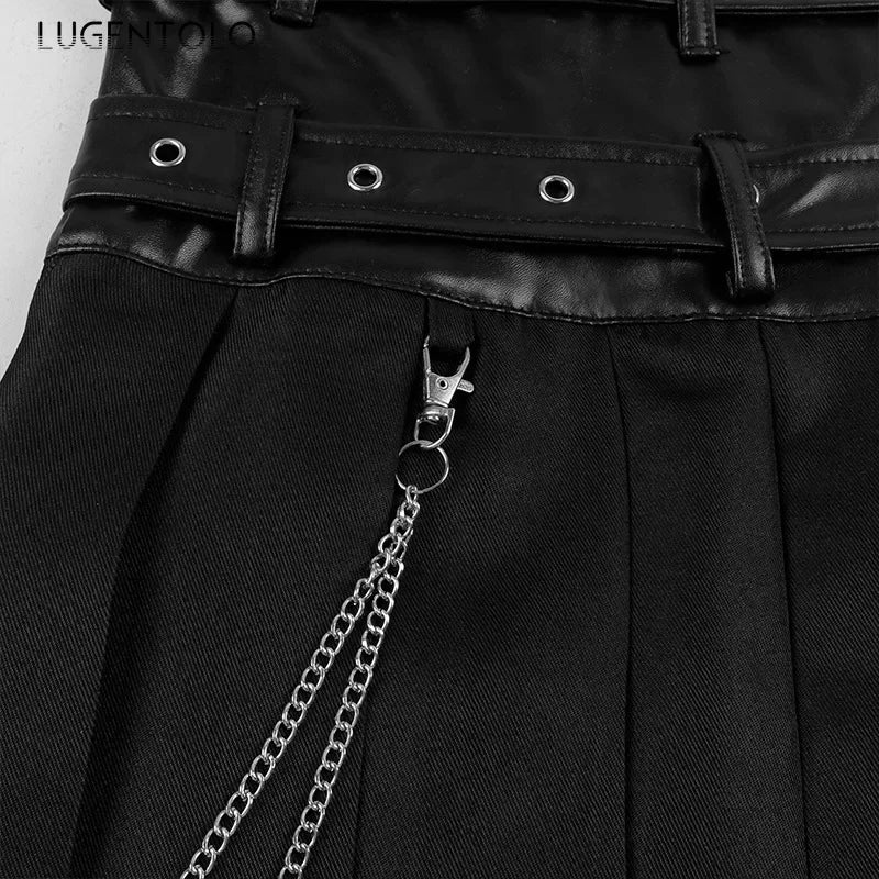 Men Pleated Skirt Asymmetric Black Chain