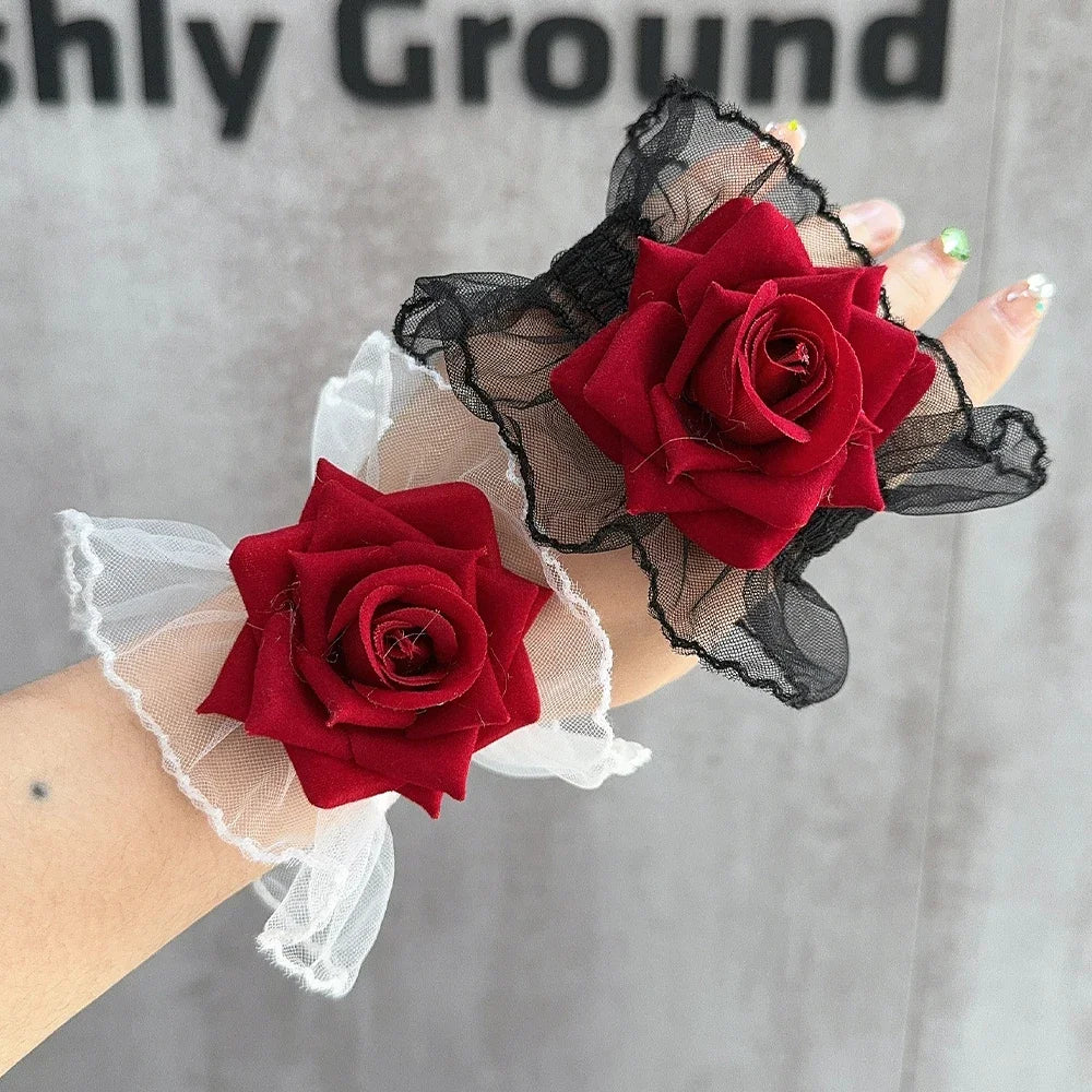 Ruffle Lace Red Rose Wristbands Charm Bracelets Flower Mesh Hand Wristbands