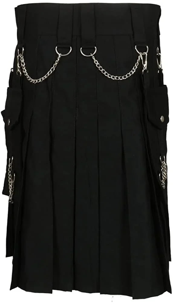 Mens Skirt Vintage Kilt Scotland Gothic Kendo Pocket Skirts With Silver Chains