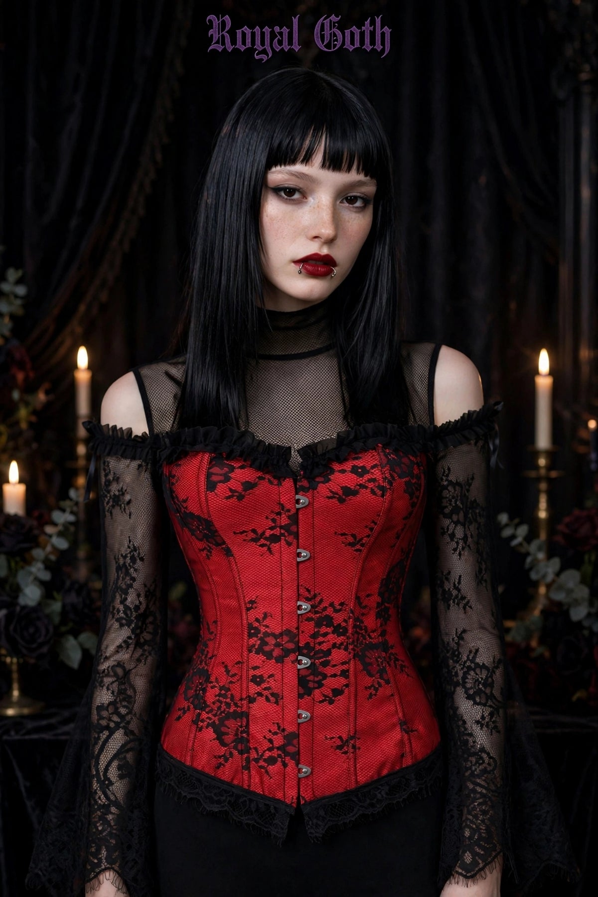 Gothic Vintage Silk Corset with Lace Long Sleeve off Shoulder