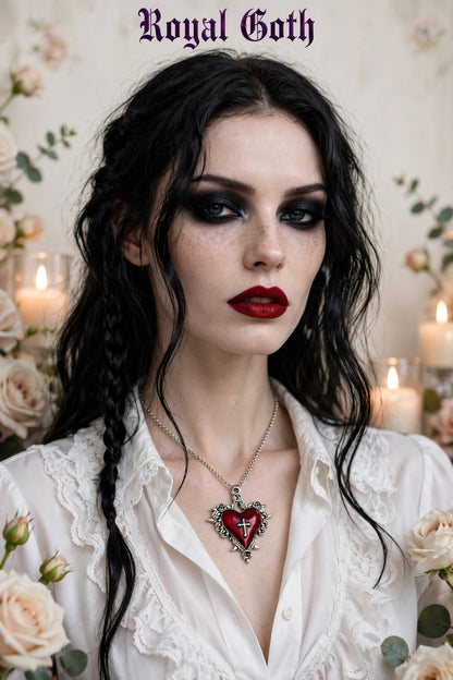 Red Black Heart Pendant Chain Necklace Vintage Goth