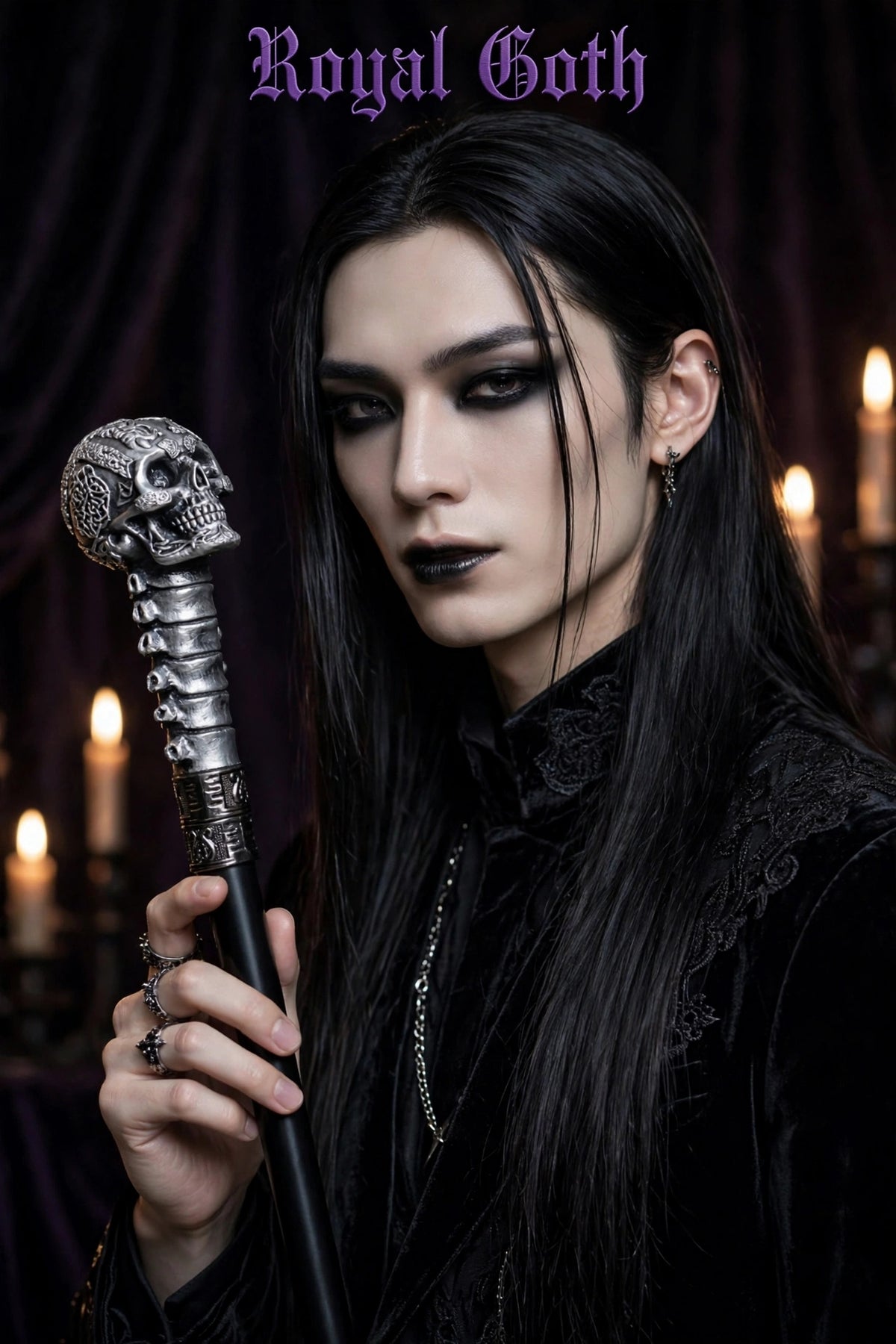 Silver Black Resin Skull Head Walking Stick Cane