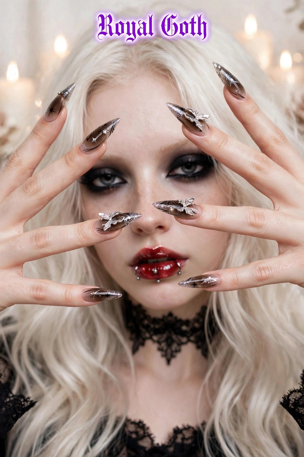 24Pcs Almond Press On Nails Goth Silve Rhinestone