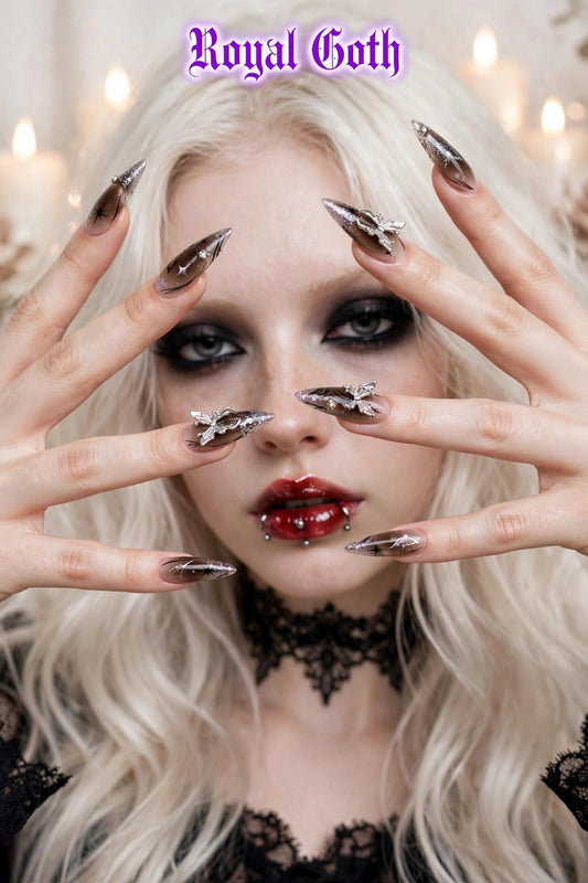 24Pcs Almond Press On Nails Goth Silve Rhinestone