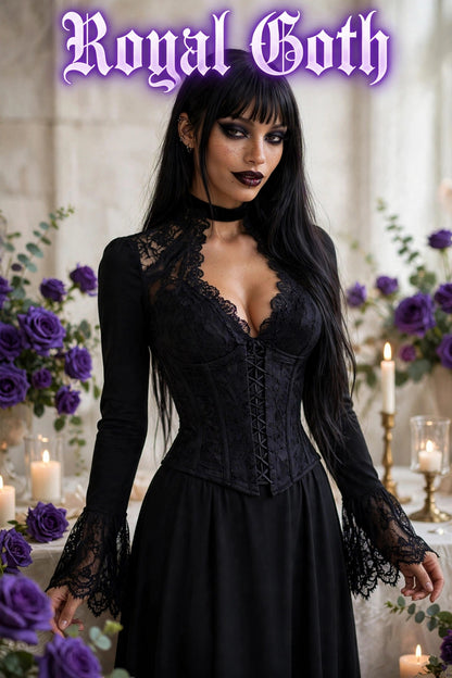 Slim Fit Elegant Court Lace See-Through Stand Collar Cut Out Flare Sleeve Blouse