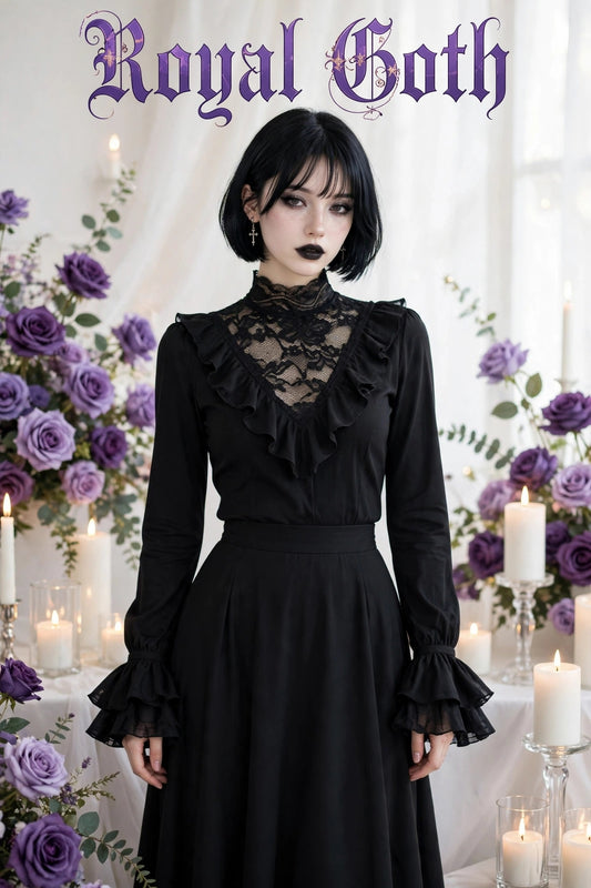 Goth Vampire Lace Splicing Top Ruffle Edge