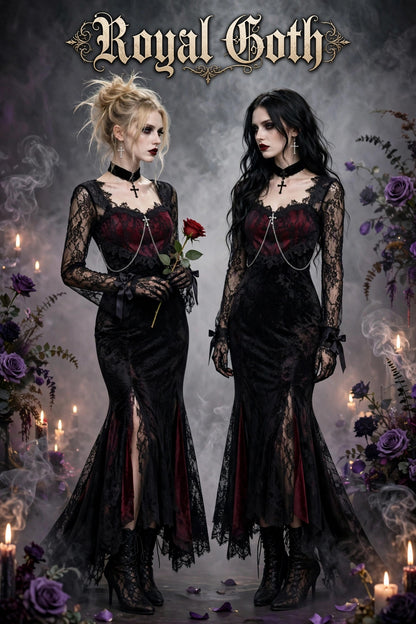 Gothic Long Sleeve Lace Slim Black Dresses