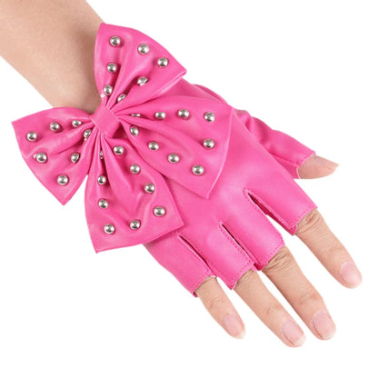 Bowknot Rivet Stage Performance Leather Half Finger Gloves