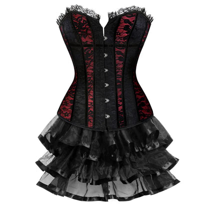Lace Cover Overbust Corset Lace Up Boned Lingerie Zipper Side