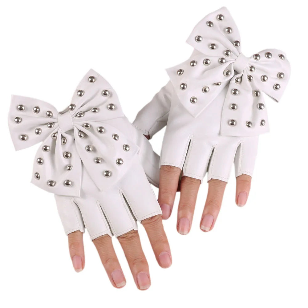 Bowknot Rivet Stage Performance Leather Half Finger Gloves