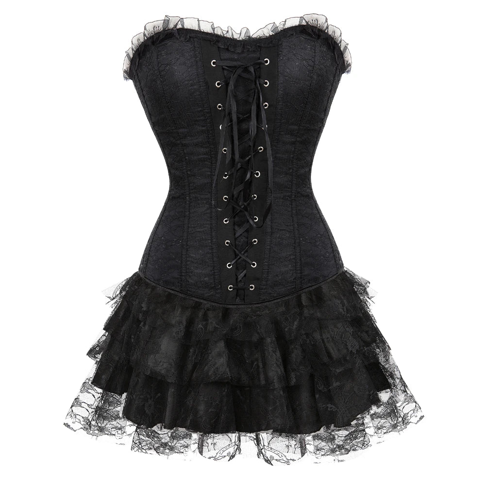 Lace Cover Overbust Corset Lace Up Boned Lingerie Zipper Side
