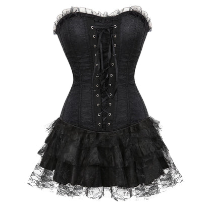 Lace Cover Overbust Corset Lace Up Boned Lingerie Zipper Side