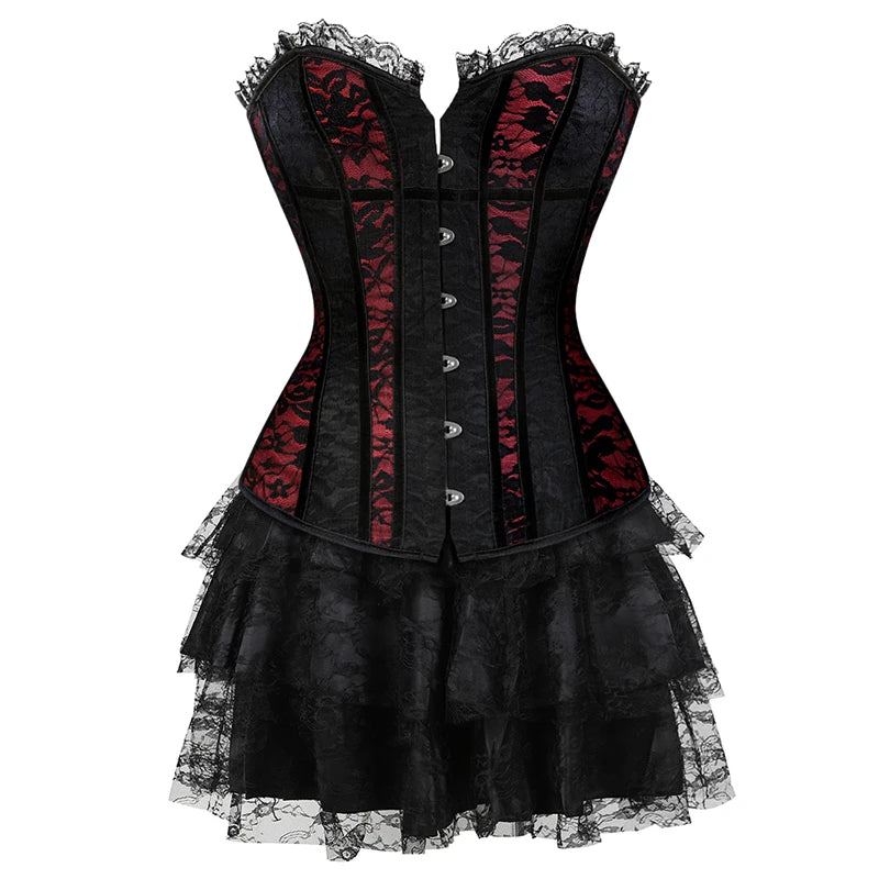 Lace Cover Overbust Corset Lace Up Boned Lingerie Zipper Side