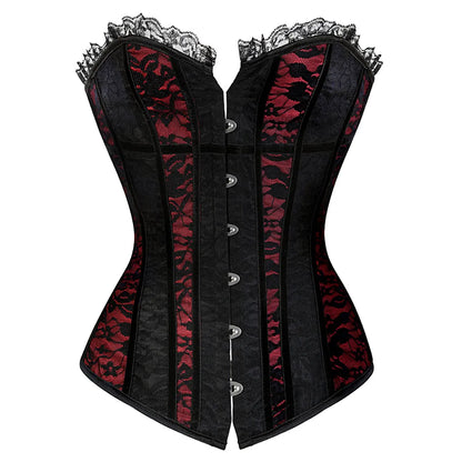 Lace Cover Overbust Corset Lace Up Boned Lingerie Zipper Side