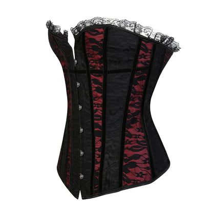 Lace Cover Overbust Corset Lace Up Boned Lingerie Zipper Side
