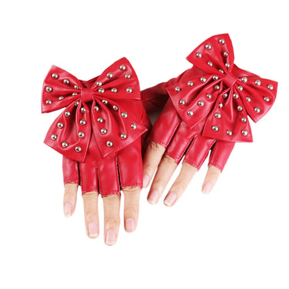 Bowknot Rivet Stage Performance Leather Half Finger Gloves