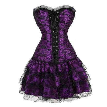 Lace Cover Overbust Corset Lace Up Boned Lingerie Zipper Side