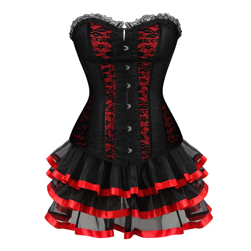 Lace Cover Overbust Corset Lace Up Boned Lingerie Zipper Side