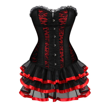 Lace Cover Overbust Corset Lace Up Boned Lingerie Zipper Side