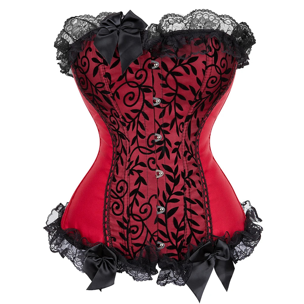 Lace Cover Overbust Corset Lace Up Boned Lingerie Zipper Side