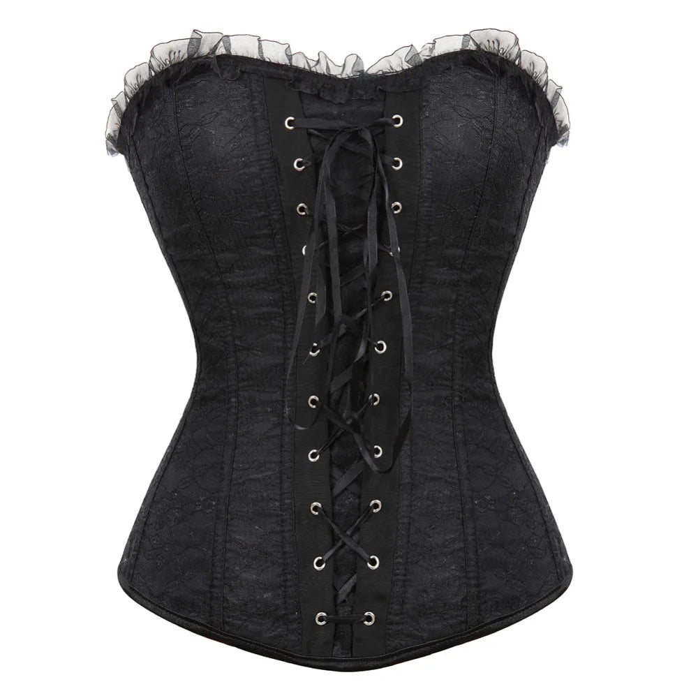 Lace Cover Overbust Corset Lace Up Boned Lingerie Zipper Side