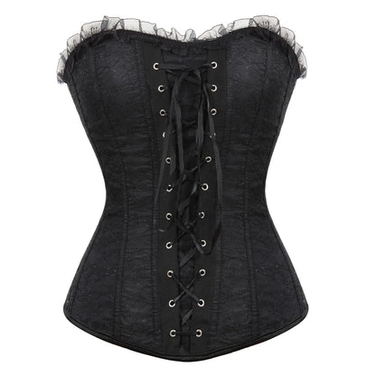 Lace Cover Overbust Corset Lace Up Boned Lingerie Zipper Side