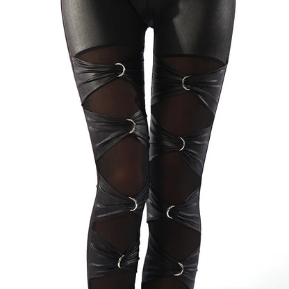 Metal ring leggings gothic lace leather rivet pants