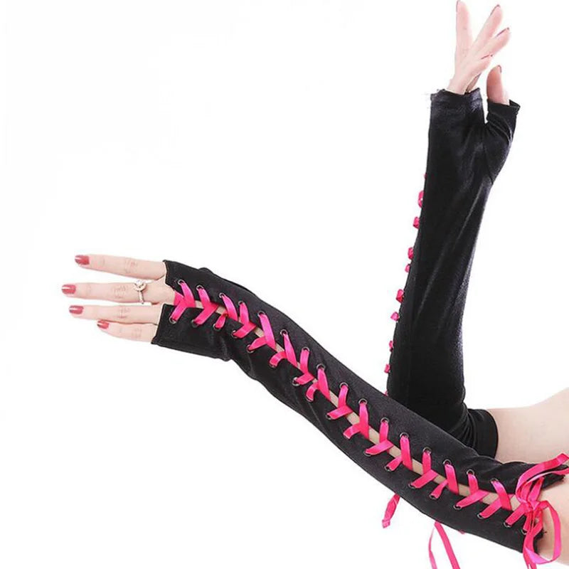 Lace Long Nylon Mesh Ribbon Rivets Fingerless Gloves