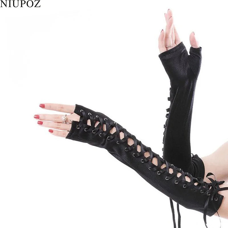 Lace Long Nylon Mesh Ribbon Rivets Fingerless Gloves