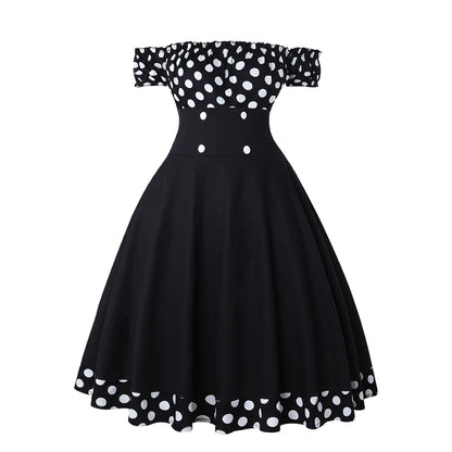 50s 60s Vintage Polka Dot Print Pin Up Off Rockabilly Dress