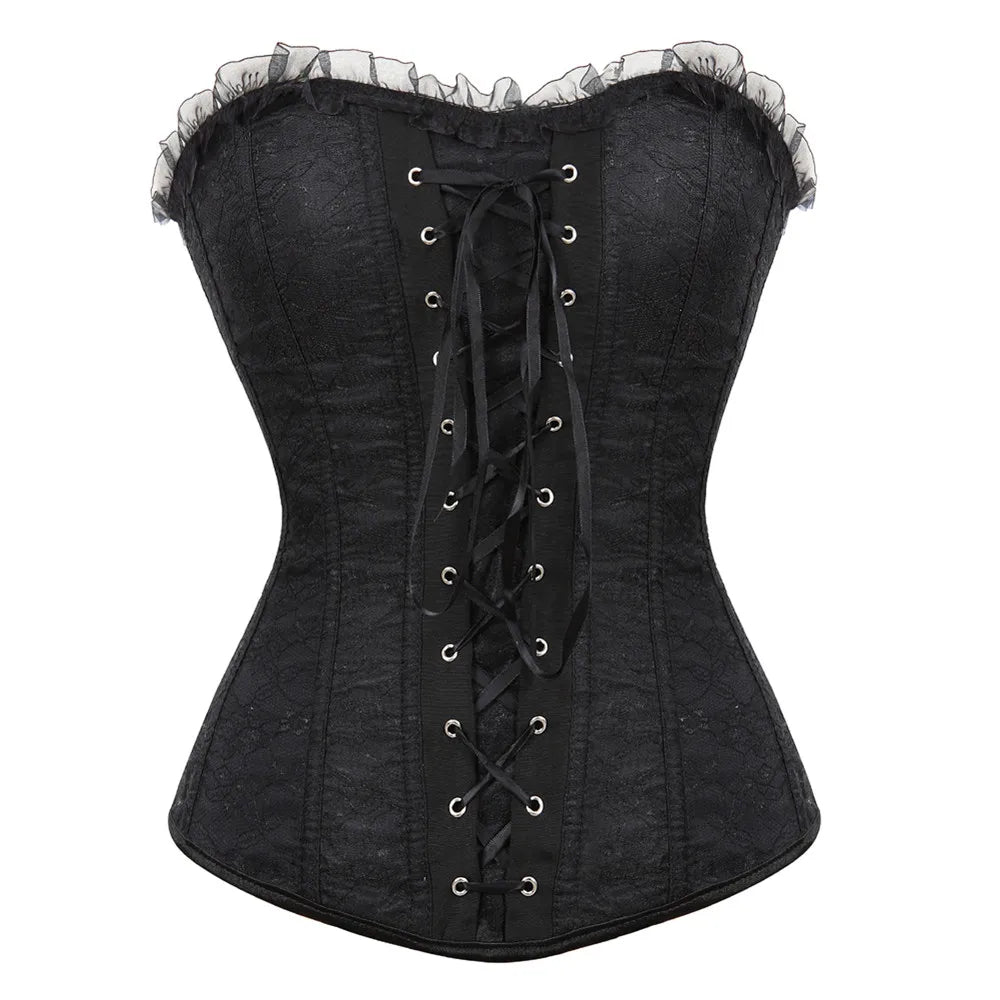 Lace Cover Overbust Corset Lace Up Boned Lingerie Zipper Side
