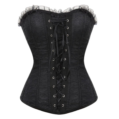 Lace Cover Overbust Corset Lace Up Boned Lingerie Zipper Side