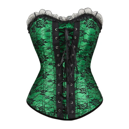 Lace Cover Overbust Corset Lace Up Boned Lingerie Zipper Side