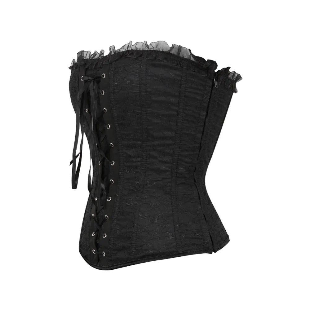 Lace Cover Overbust Corset Lace Up Boned Lingerie Zipper Side