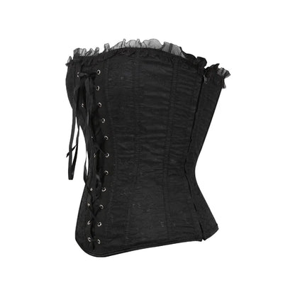 Lace Cover Overbust Corset Lace Up Boned Lingerie Zipper Side