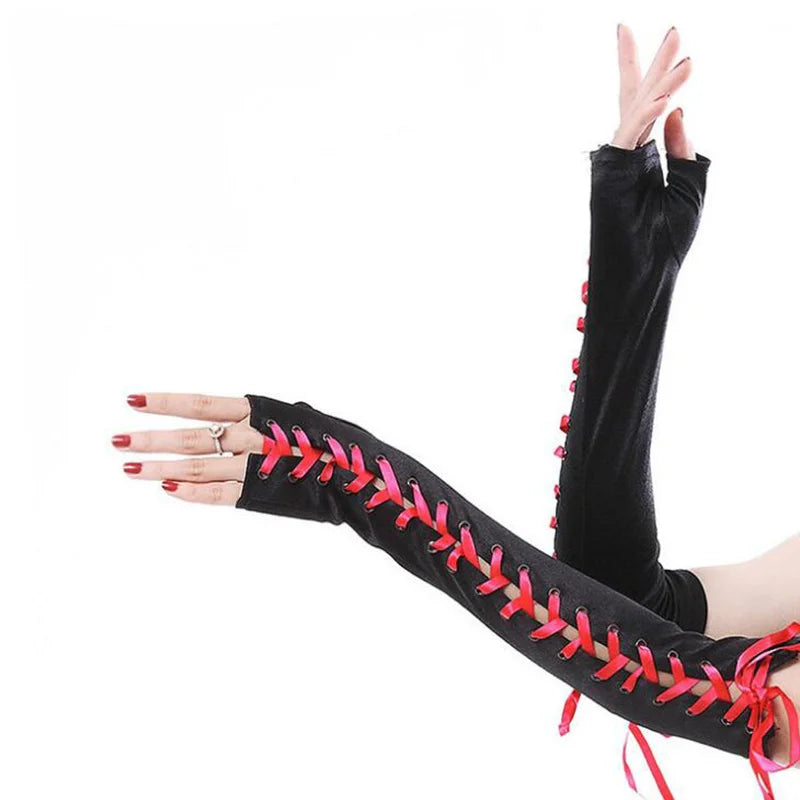 Lace Long Nylon Mesh Ribbon Rivets Fingerless Gloves