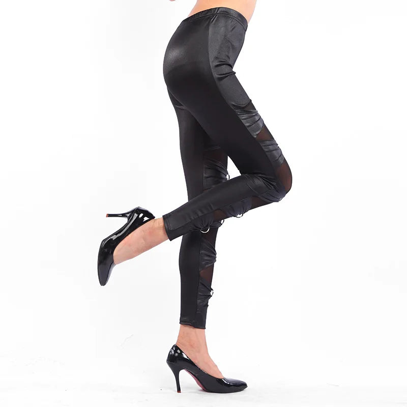 Metal ring leggings gothic lace leather rivet pants