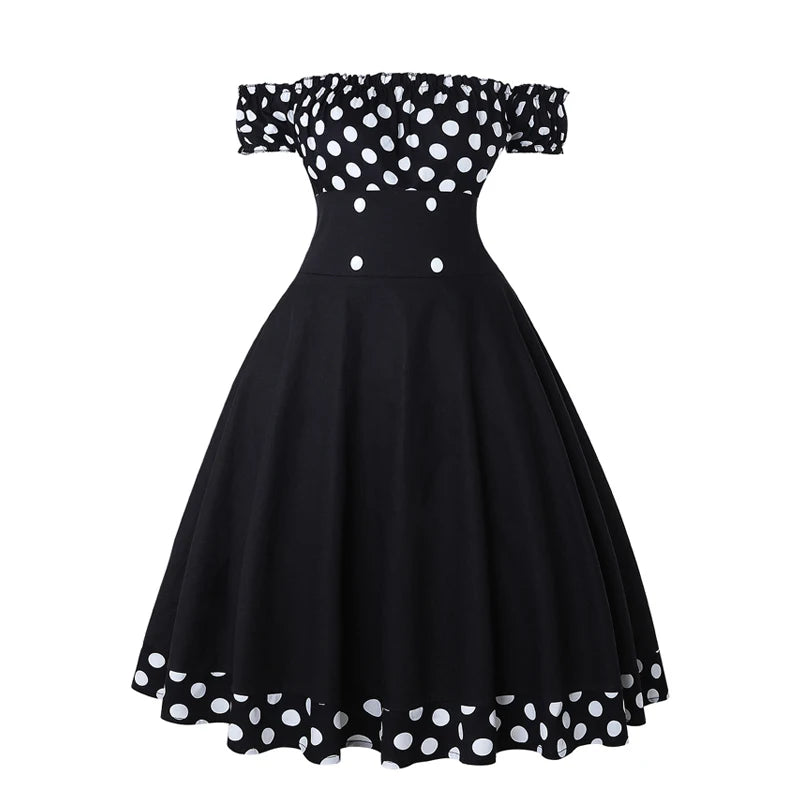 50s 60s Vintage Polka Dot Print Pin Up Off Rockabilly Dress