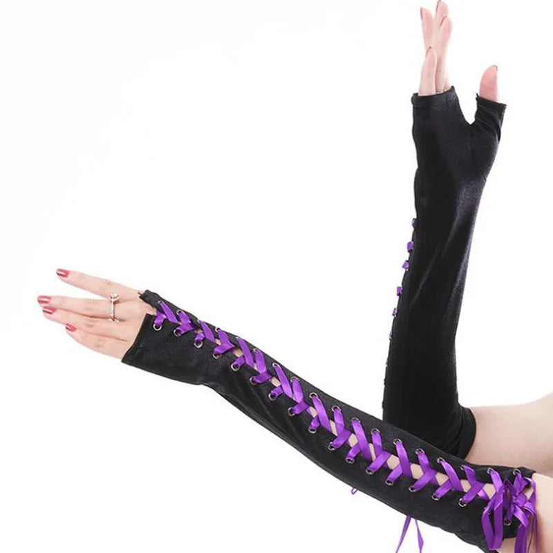 Lace Long Nylon Mesh Ribbon Rivets Fingerless Gloves