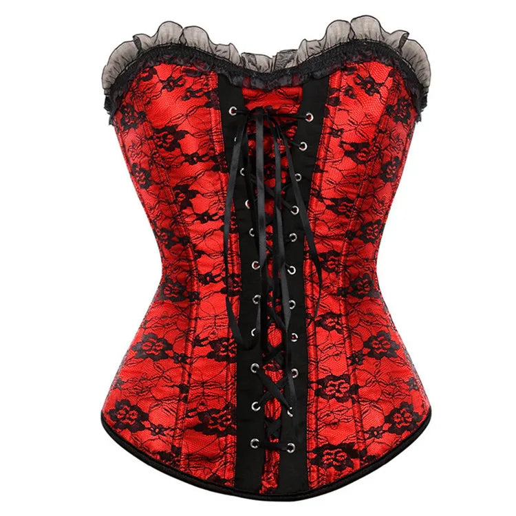 Lace Cover Overbust Corset Lace Up Boned Lingerie Zipper Side