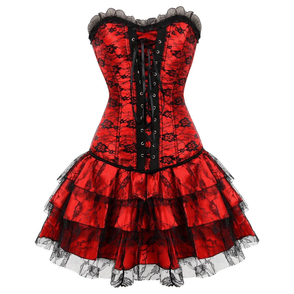 Lace Cover Overbust Corset Lace Up Boned Lingerie Zipper Side