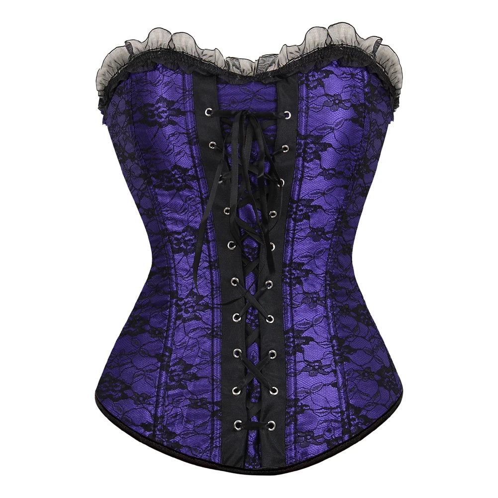 Lace Cover Overbust Corset Lace Up Boned Lingerie Zipper Side