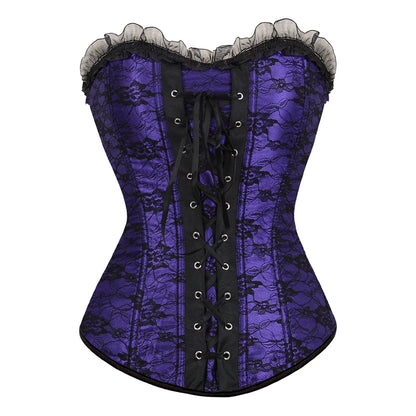 Lace Cover Overbust Corset Lace Up Boned Lingerie Zipper Side
