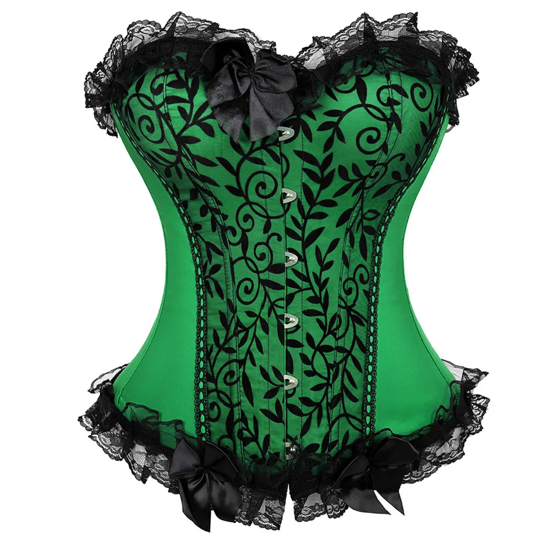 Lace Cover Overbust Corset Lace Up Boned Lingerie Zipper Side